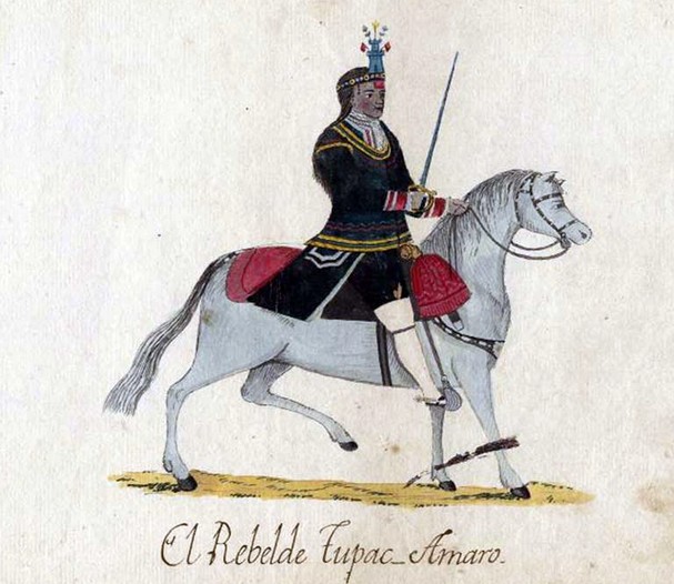 Tupac Amaru, rebel hero of Peru, in uniform, riding a horse.